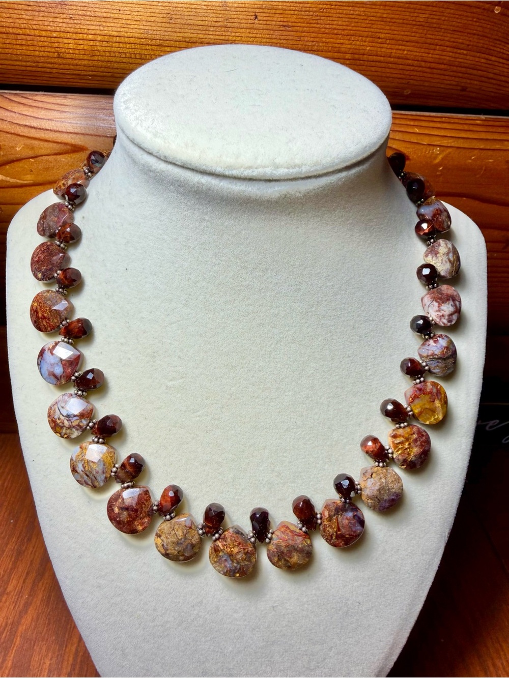 Faceted Jasper stone Necklace With 925 Sterling Silver Clasp & Beads - 16" Long